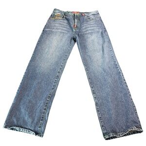 LRG Geans Mens Baggy Jeans Blue Roots Equipment Embroidered Size 38 X 34 Rasta